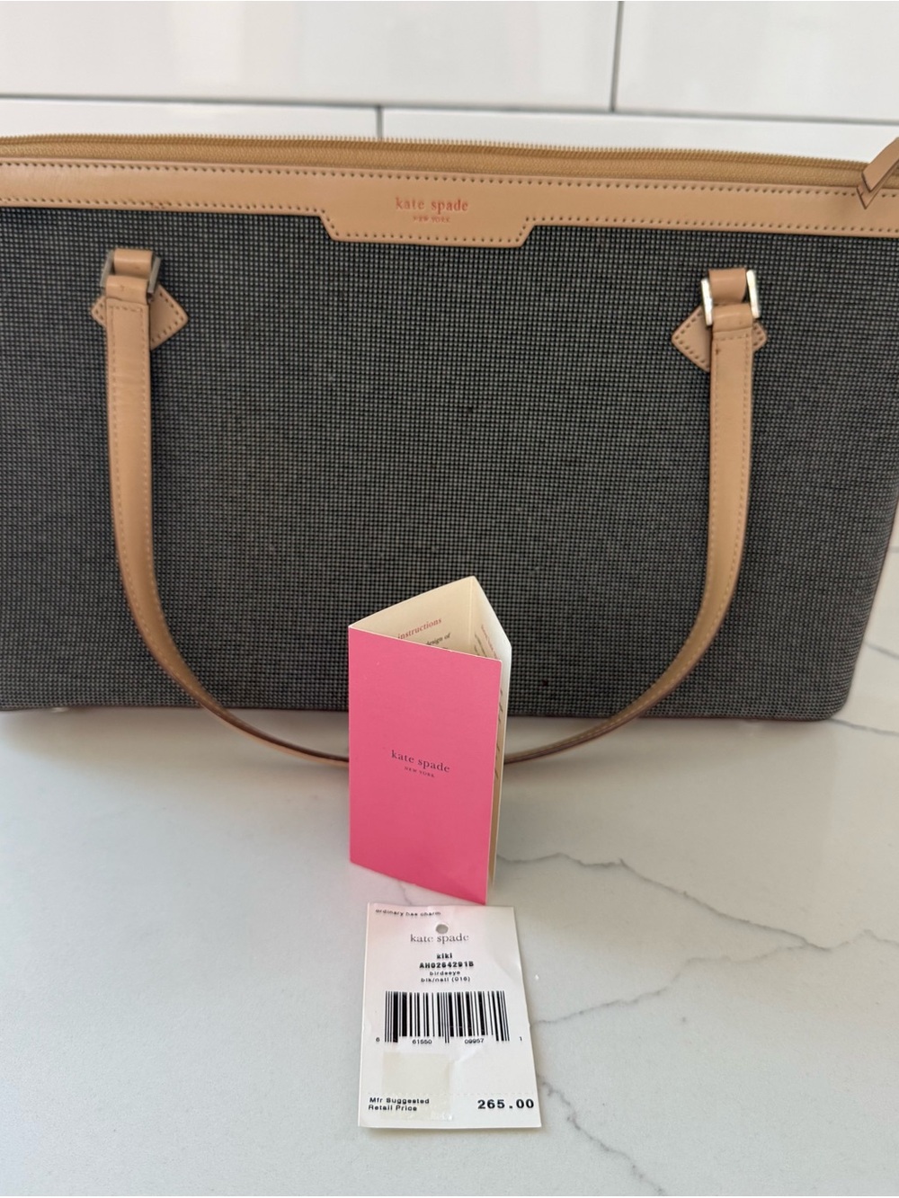 kate spade New York Vintage Gray Canvas Tote with Tan Leather Trim